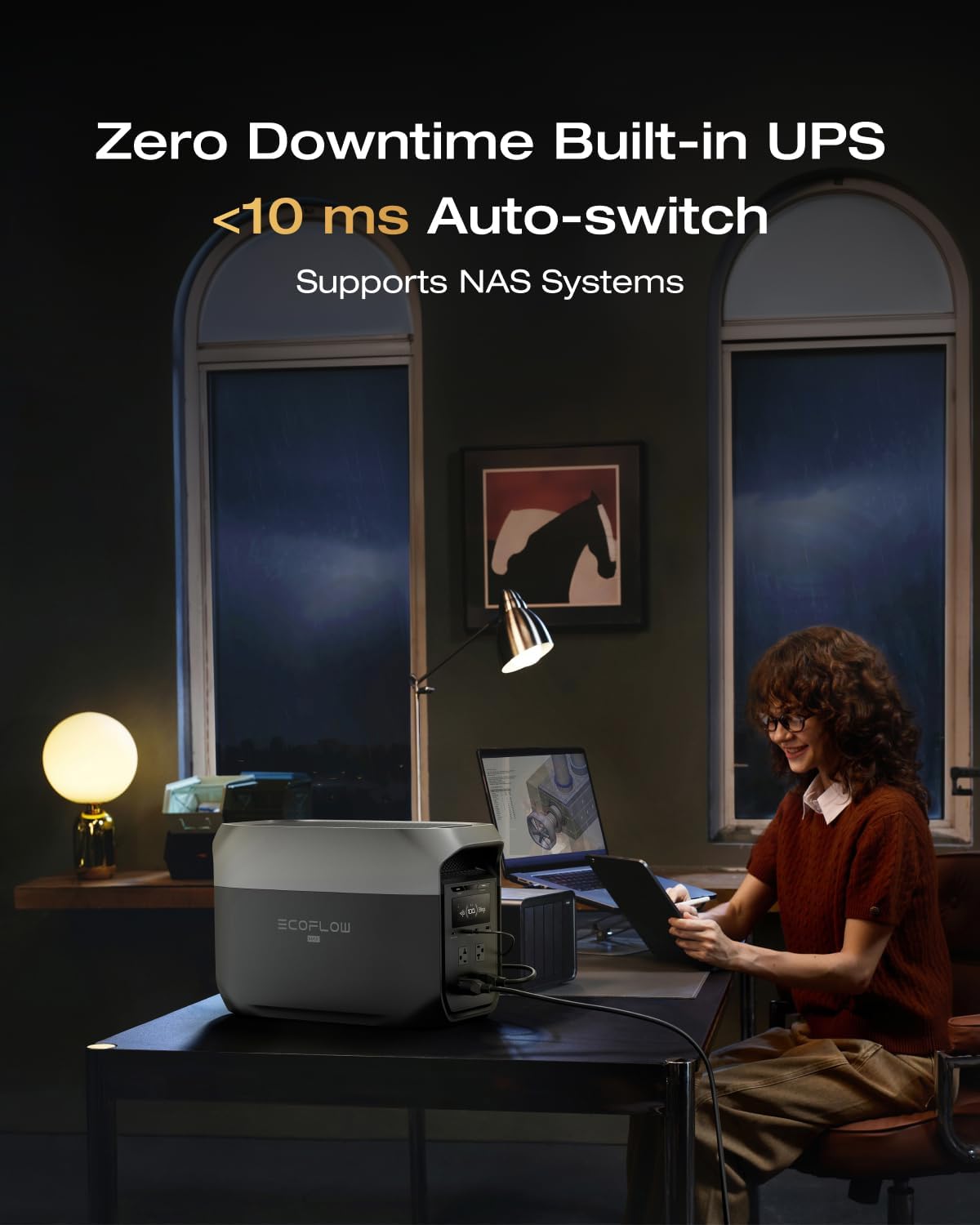EcoFlow DELTA 3 Max beside a laptop on a desk, the listing photo for the under-10-millisecond UPS switch