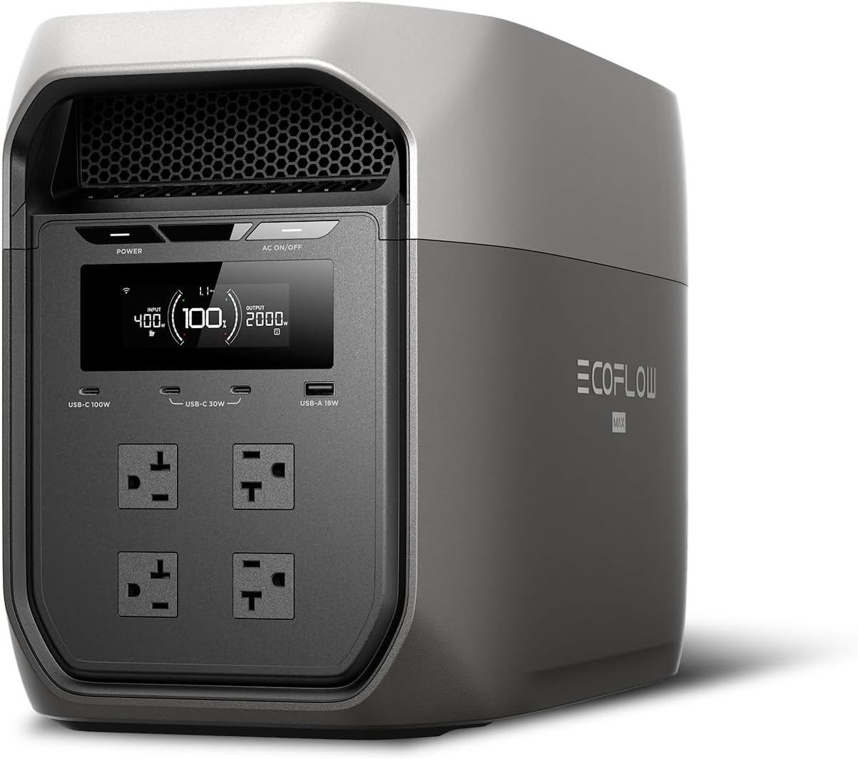 EF EcoFlow DELTA 3 Max portable power station, front view with display, four AC outlets, USB-C 100W, USB-C 30W, and USB-A 18W